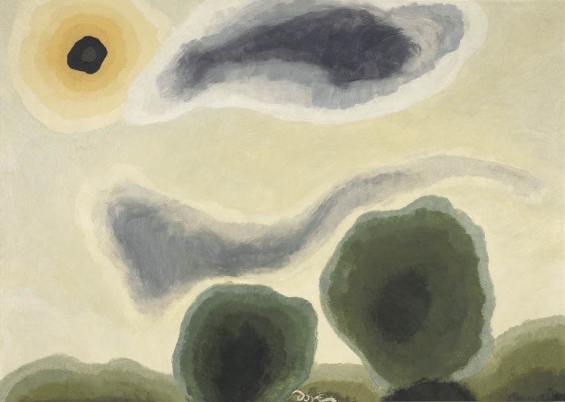 An abstract landscape painting featuring soft green rounded tree forms beneath a warm, glowing yellow sky with flowing grey clouds and a dark circular sun.