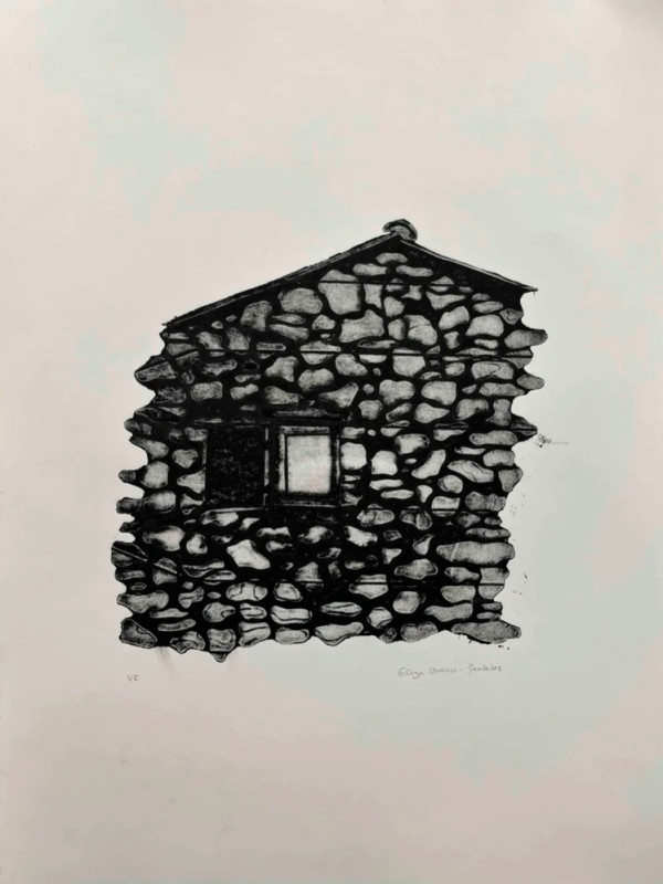 A minimalist black-and-white ink print depicts the textured stone wall, window, and pitched roof of a rustic cottage centered on a vast white background.