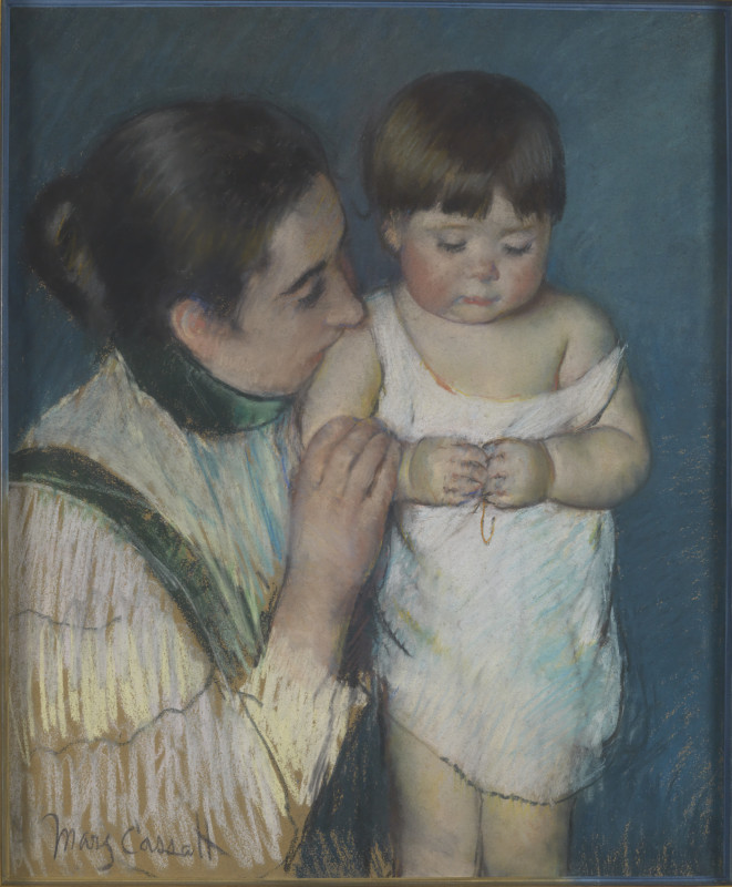 An Impressionist pastel painting by Mary Cassatt depicting a mother affectionately kissing the shoulder of her young child, who is standing in a white slip against a muted blue background.
