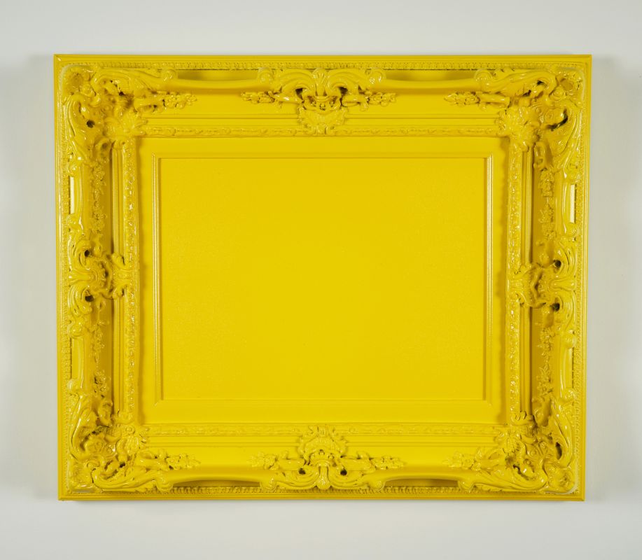 Matthew Deleget, Vanitas (Sun Yellow), 2014, Enamel spray paint on canvas and decorative frame, 21 x 25 x 3.5 inches