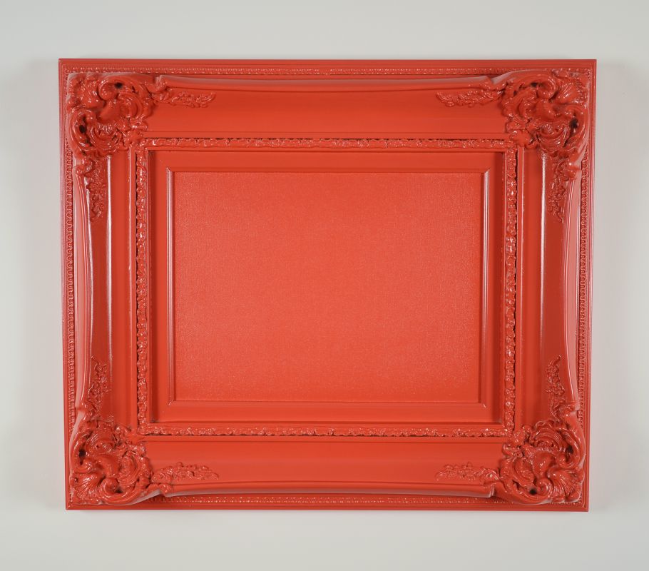 Matthew Deleget, Vanitas (Tomato), 2014, Enamel spray paint on canvas and decorative frame, 22.5 x 26.5 x 3.5 inches