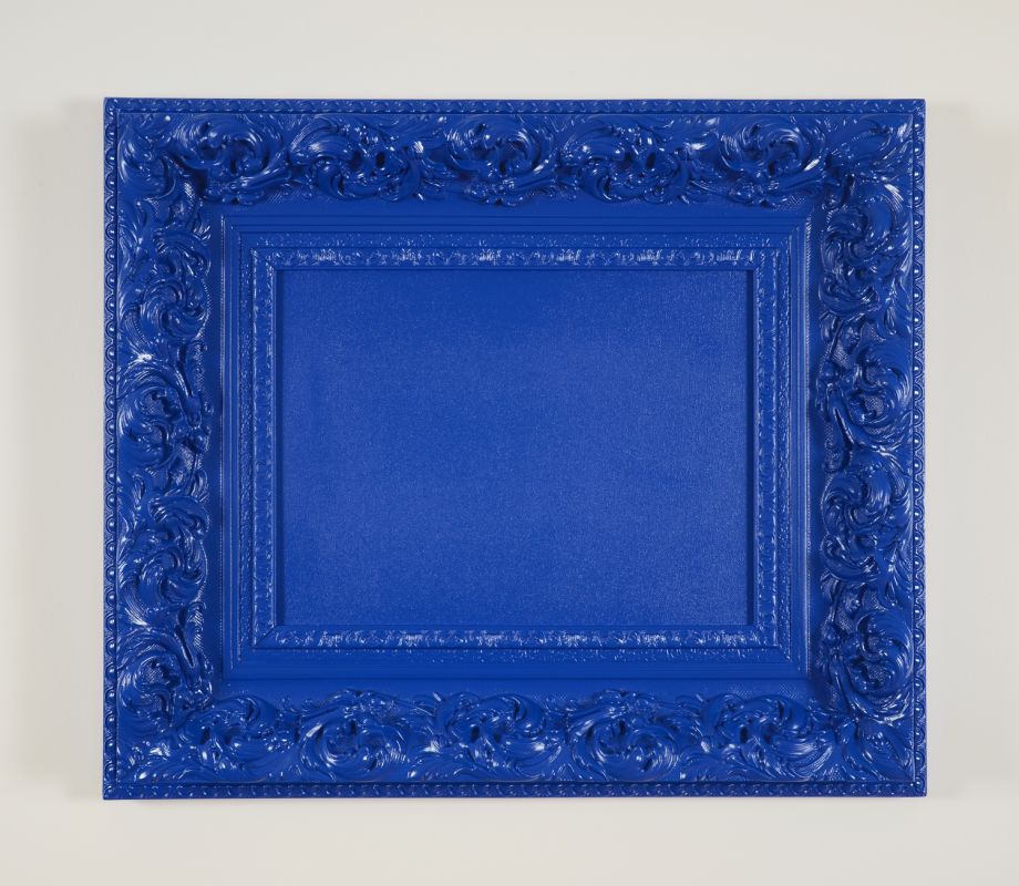 Matthew Deleget, Vanitas (True Blue), 2014, Enamel spray paint on canvas and decorative frame, 23 x 27 x 3 inches