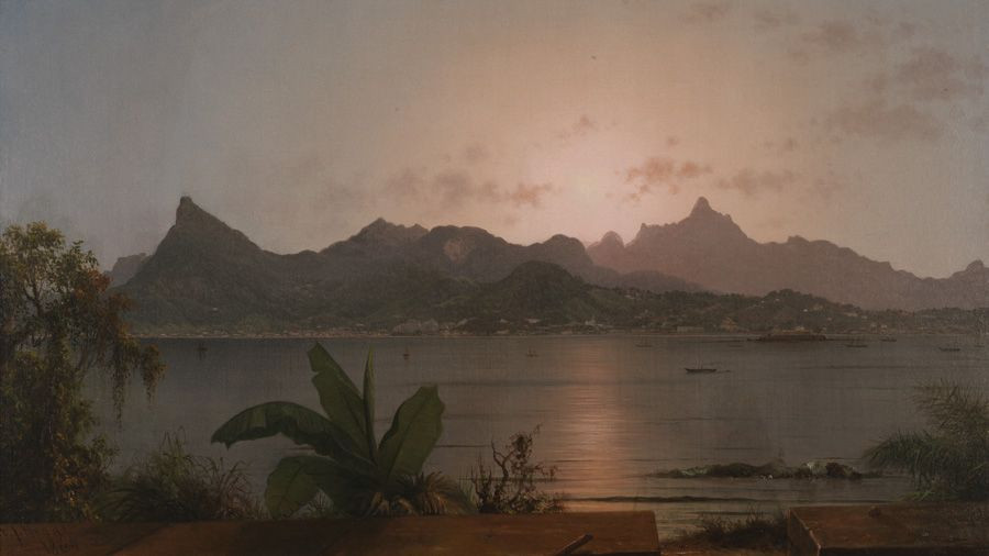 Martin Johnson Heade, "Sunset Harbor at Rio" (1864). Oil on canvas, 20 &frac18; x 35 inches. Henry D. Gibson Fund (1985.10).