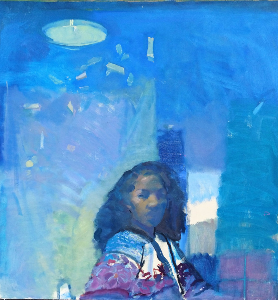Image: Abigail Dudley, Indigo Blue. Oil on linen, 36 x 38 inches.