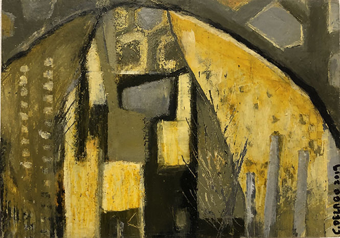 Image: Cindy DeLago, Study in Black, White and Yellow #2. Cold Wax Medium/Oil on Arches Oil Paper, mounted on a cradled panel. 5 x 7 inches.