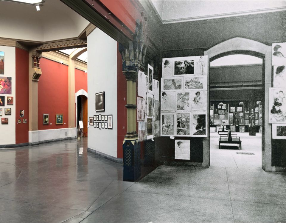 photo of annual student exhibition from 2021 on the left and from 1915 on the right, photo merged/manipulated