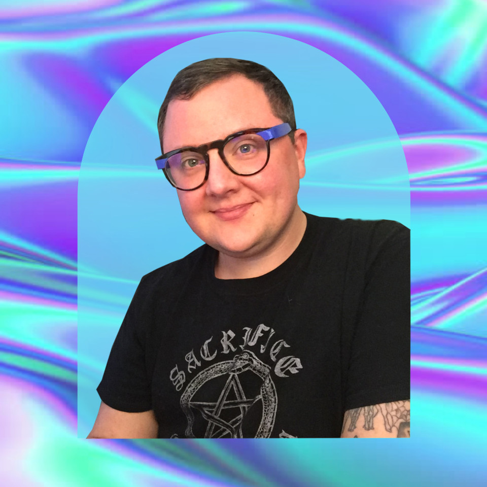 Wesley Flash bio photo with purple and blue framing decorations