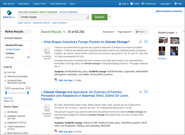 Ebsco search interface
