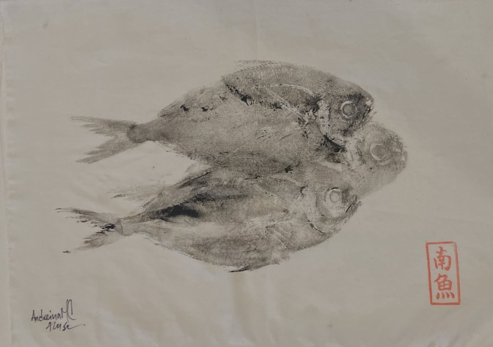 a piece of art created using the Gyotaku method, a traditional Japanese technique of fish printing used by fishermen since the 19th century to record their catch.