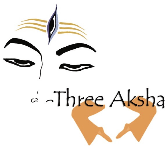 An illustration of a face with three eyes and traditional forehead markings above the text "Three Aksha," which is partially overlaid by two orange hand gestures.