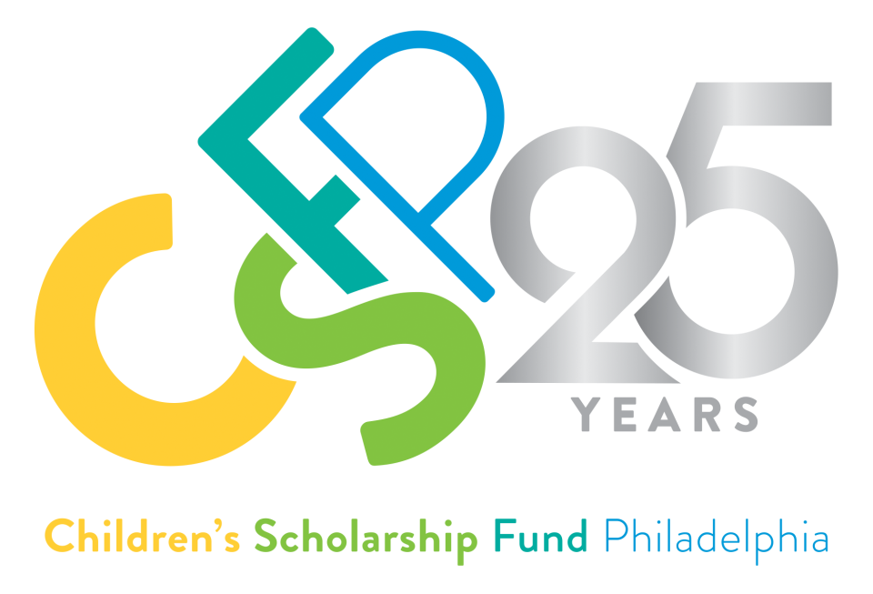 Logo celebrating 25 years of the Children's Scholarship Fund Philadelphia. Features bold, colorful letters "CSFP" and silver "25 Years" on black background.