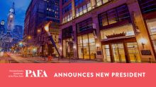 text with PAFA announces new president below image of nighttime street of buildings