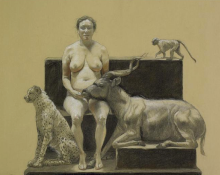 Drawing by Patricia Traub in charcoal, graphite and chalk of animals and nude figure. 