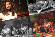 Composite image with portrait of Manuel Alejandro Vasquez,  and images of women smiling at a table with food