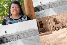 Composite image with portrait of Dr. Davina Two Bears, and archival black and white images of the Old Leupp Boarding School. 