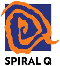 Spiral Q logo, an orange squiggly spiral in the shape of a Q, on a blue background