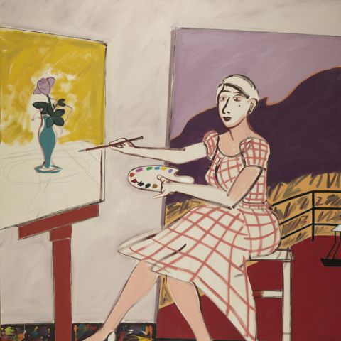 Joan Brown, "Self-Portrait" (1977). Oil on canvas, 84 x 72 inches. Museum purchase. © Estate of Joan Brown, courtesy of George Adams Gallery, New York.