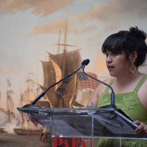 Jess Aquino '19 addresses graduating students and their families at PAFA's commencement exercises.