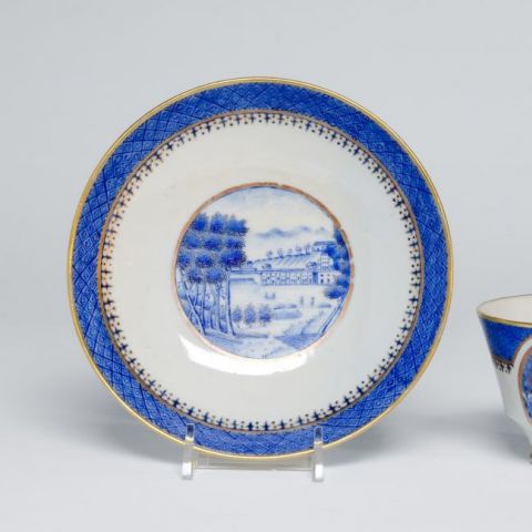 Artist/maker unknown, Chinese, for export to the American market, " Cup and saucer showing the Philadelphia Waterworks" (1825). Hard-paste porcelain with cobalt underglaze, decoration, and gilt. Cup: 2 5/8 x 4 3/8 x 3 5/8 in.; saucer: 1 1/8 x 5 1/2 in. | Image: Philadelphia Museum of Art