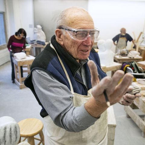 John Ditunno, 87, a spinal cord injury rehabilitation doctor who retired in August from his work at Jefferson Health, talks about his artwork during his sculpting class at the Pennsylvania Academy of the Fine Arts. | Image: Heather Khalifa for the Philadelphia Inquirer
