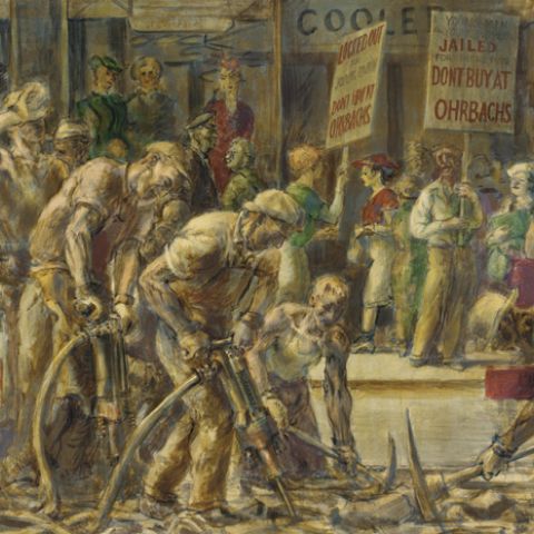Reginald Marsh, End of 14th Street Crosstown Line, 1936, Egg tempera on composition board, 24 x 36 1/8 in., Henry D. Gilpin Fund, 1942.7.