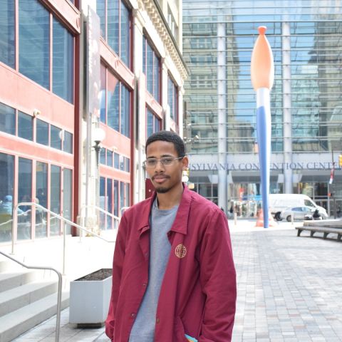Nasir Young '21 poses in Lenfest Plaza