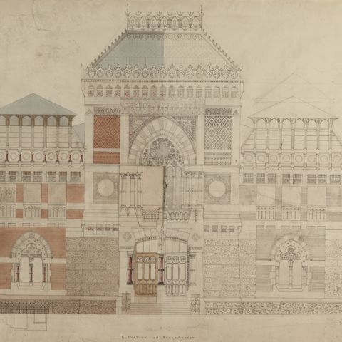 Frank Furness and George Wattson Hewitt, (1839-1912)/(1841-1916)  [Elevation on Broad Street], 1873-76  Black ink, watercolor wash, and pencil on white paper on mount  25 1/2 x 34 1/2 in. (64.77 x 87.63 cm.)  Pennsylvania Academy of the Fine Arts, 1876.