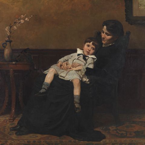 Painting Les derniers jours d'enfance by Cecilia Beaux of young boy on mother's lap