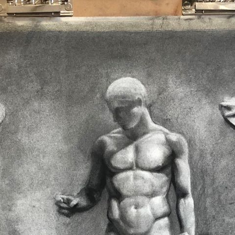 Graphite drawing of nude male figure