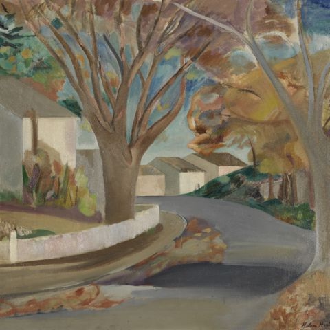 Painting of a neighborhood scene in the fall time, muted earth tones. 