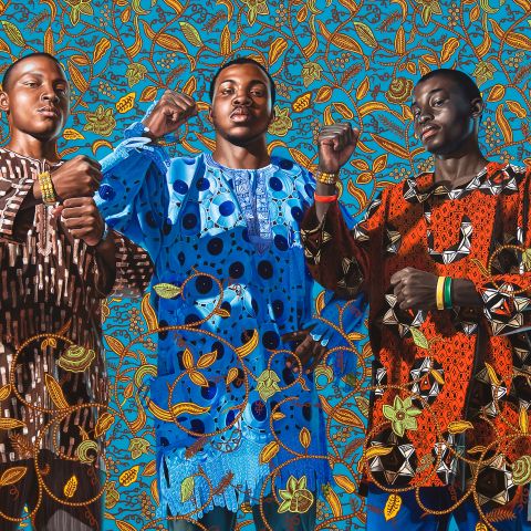 Painting of three, dignified men within a field of dense, vegetal patterns