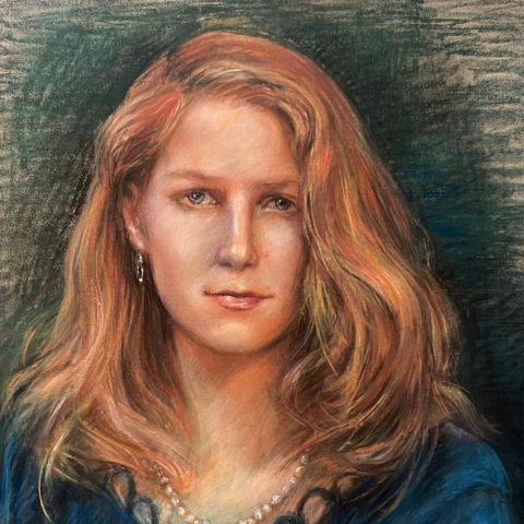 Pastel drawing of a young woman with sandy hair and blue dress. 