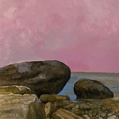 painting of rocks with sea behind them and pink sky