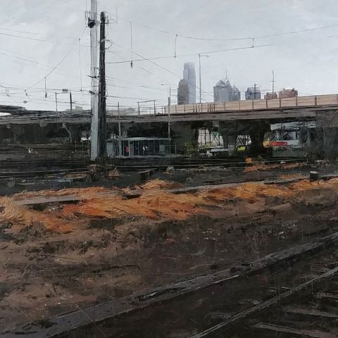 Painting by Shushana Rucker - Dark urban landscape with train tracks and high rise buildings in distance