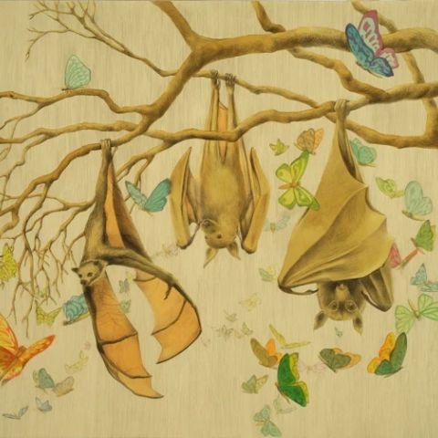 Illustration of bats on a tree branch in tan and brown tones