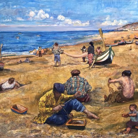 painting of people on a beach