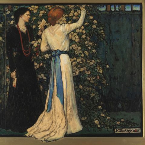 Painting of two women admiring a rose bush by Violet Oakley entitled "June", 1902