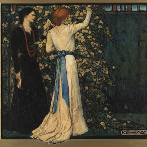 Painting of two women admiring a rose bush by Violet Oakley entitled "June", 1902