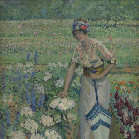 Oil painting by Jane Peterson titled "Spring Bouquet" circa 1912. The painting is vertical, with a single figure walking down a path in a field of white flowering plants. The figure is wearing a summer print blouse, and a full length white skirt, holding a white and blue parasol. She is reaching to pick one flower. 