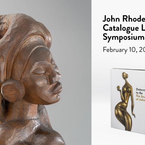 composite graphic is a photo with a detail of a John Rhoden wood sculpture showing a profile of an woman's face with her eyes closed. Also in the graphic is a photo of the Rhoden catalogue. 