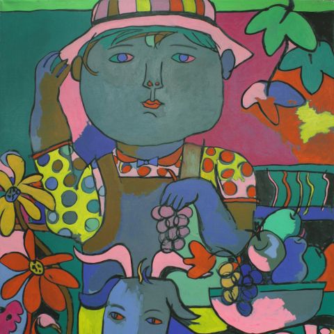 Acrylic on canvas painting in various bright colors depicting a boy holding grapes, a goat, flowers, and the fruit that the boy is weighing.