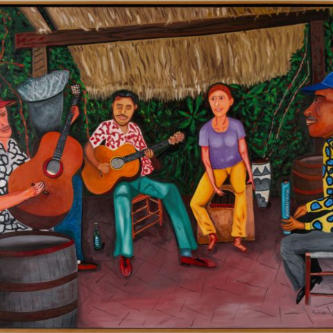 Oil painting titled El Bolero by Rafael Ferrer, created in 1983–84. The canvas measures 60 by 72 inches and features expressive, abstract forms in rich colors. © Rafael Ferrer, courtesy of the artist.