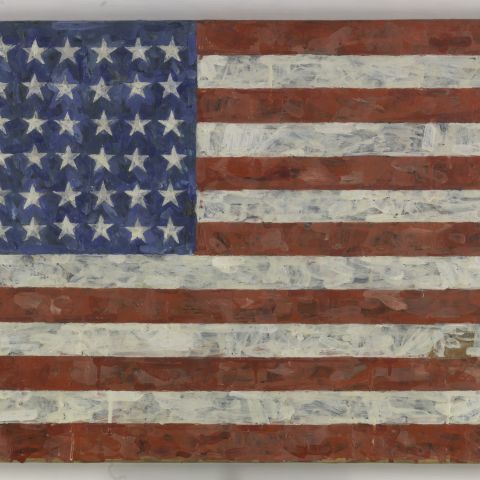 Jasper Johns' "Flag" (1960–66), an encaustic and printed collage on paper laid down on canvas, from the Middleton Family Collection.