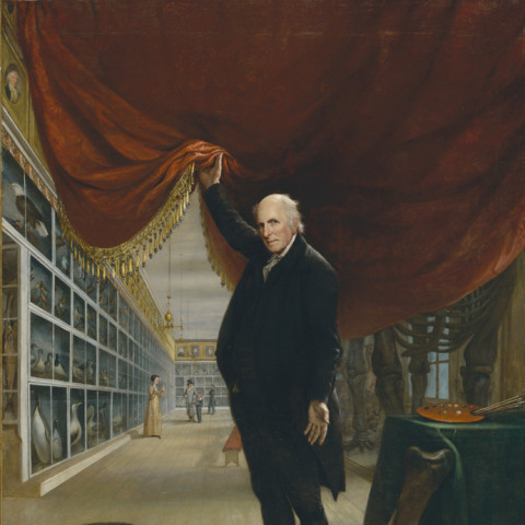 In this 1822 self-portrait titled "The Artist in His Museum," American painter and curator Charles Willson Peale lifts a gold-fringed red curtain to reveal his Philadelphia Museum, showcasing natural history specimens and mastodon fossils.