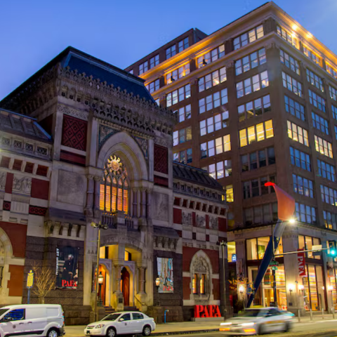 PAFA's Gothic Revival Historic Landmark Building and the contemporary Samuel M.V. Hamilton Building on North Broad Street in 2019. 
