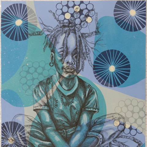 A stylized, blue-toned mixed media print features a young Black girl with braided hair sitting cross-legged atop a dense root system, set against a background of abstract shapes and starburst patterns.