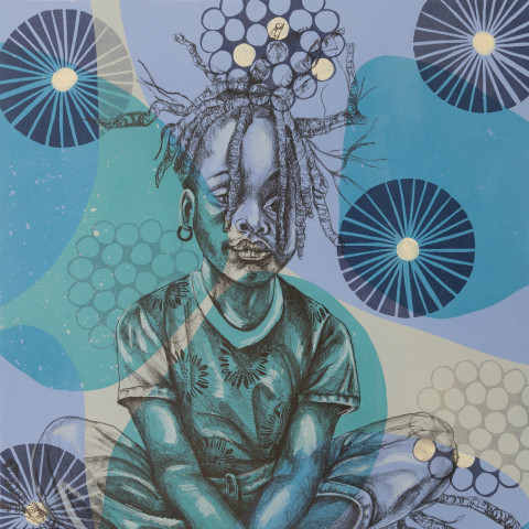 A stylized, blue-toned mixed media print features a young Black girl with braided hair sitting cross-legged atop a dense root system, set against a background of abstract shapes and starburst patterns.