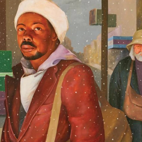 An oil painting depicts diverse street-level figures navigating a bustling, snow-swept city street lined with storefronts and a green vehicle.