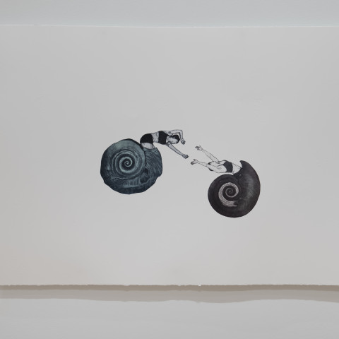 A minimalist ink drawing on white paper depicts two figures emerging from spiral snail shells, reaching toward each other in a recreation of Michelangelo's The Creation of Adam.