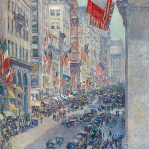 An Impressionist painting looking down a bustling New York City avenue crowded with pedestrians and vintage cars, framed by tall buildings adorned with numerous hanging American and Allied flags.